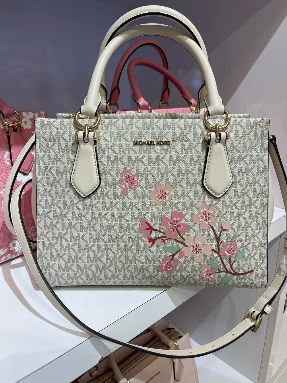 Michael Kors Marilyn Medium Embellished Signature Logo Satchel Light Cream  NWT